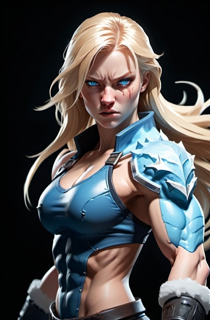 Prompt: Female figure. Greater bicep definition. Sharper, clearer blue eyes. Bleeding. Long Blonde hair flapping. Frostier, glacier effects. Fierce combat stance. Raging Fists. Icy Knuckles.