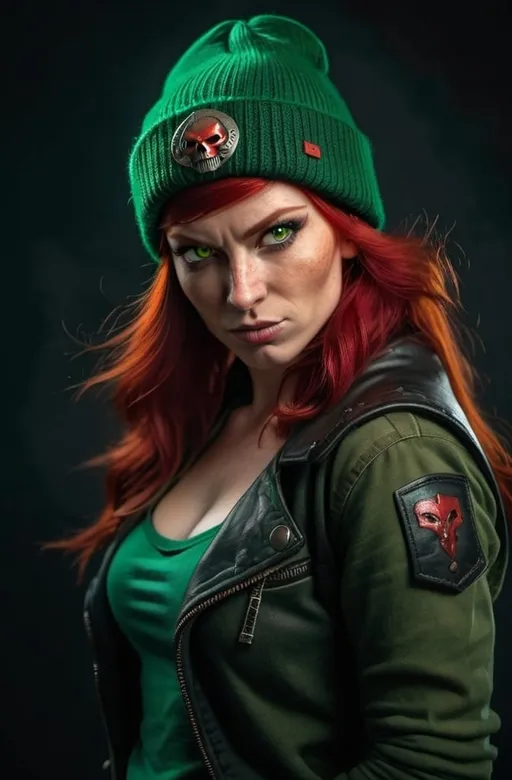 Prompt: Evil red-haired warrior woman, wearing a green beanie and a mischievous smirk. Carmine, red eyes. Fierce combat stance. 