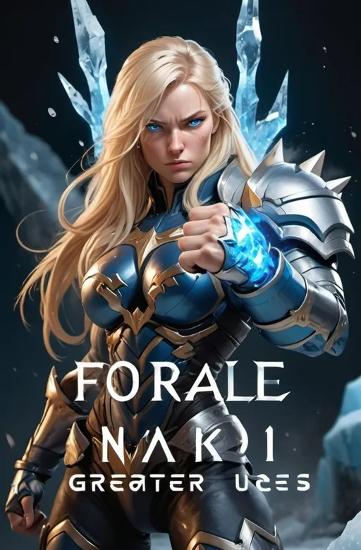 Prompt: Female figure. Greater bicep definition. Sharper, clearer blue eyes. Nosebleed. Long Blonde hair flapping. Frostier, glacier effects. Fierce combat stance. Raging Fists. Icy Knuckles. Blue armor suit. 