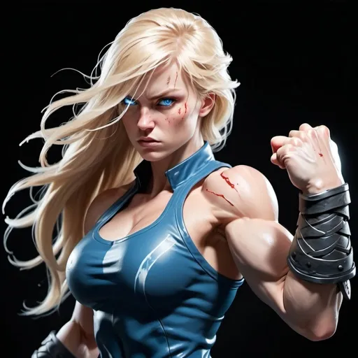 Prompt: Female figure. Greater bicep definition. Sharper, clearer blue eyes. Bleeding. Long Blonde hair flapping. Frostier, glacier effects. Fierce combat stance. Raging Fists. 