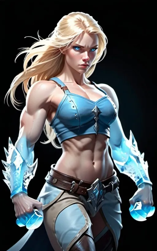 Prompt: Female figure. Greater bicep definition. Sharper, clearer blue eyes. Long Blonde hair flapping. Frostier, glacier effects. Fierce combat stance. Ice Daggers.