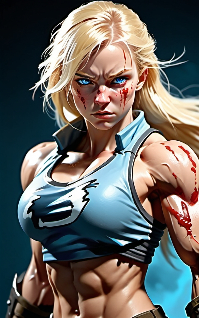 Prompt: Female figure. Greater bicep definition. Sharper, clearer blue eyes. Bleeding. Long Blonde hair flapping. Frostier, glacier effects. Fierce combat stance.