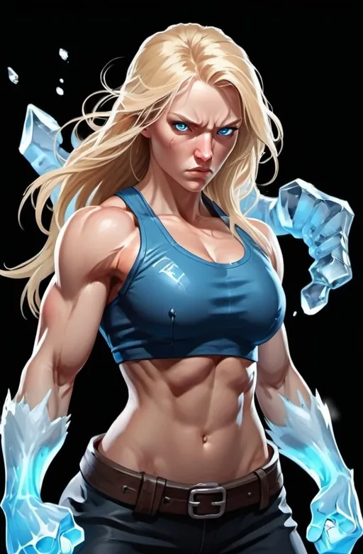 Prompt: Female figure. Greater bicep definition. Sharper, clearer blue eyes. Nosebleed. Long Blonde hair flapping. Frostier, glacier effects. Fierce combat stance. Raging Fists. Icy Knuckles. 