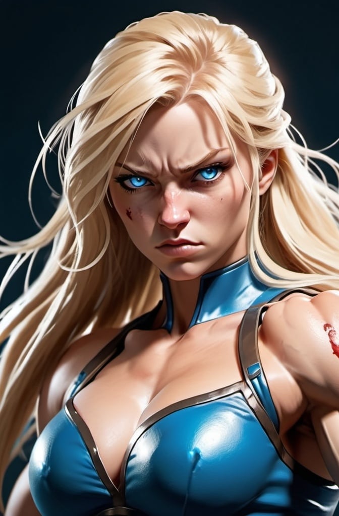 Prompt: Female figure. Greater bicep definition. Sharper, clearer blue eyes. Nosebleed. Long Blonde hair flapping. Frostier, glacier effects. Fierce combat stance. Raging Fists. Icy Knuckles. 