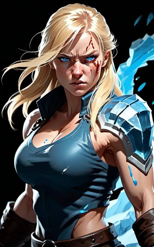 Prompt: Female figure. Greater bicep definition. Sharper, clearer blue eyes. Bleeding. Long Blonde hair flapping. Frostier, glacier effects. Fierce combat stance. Raging Fists.