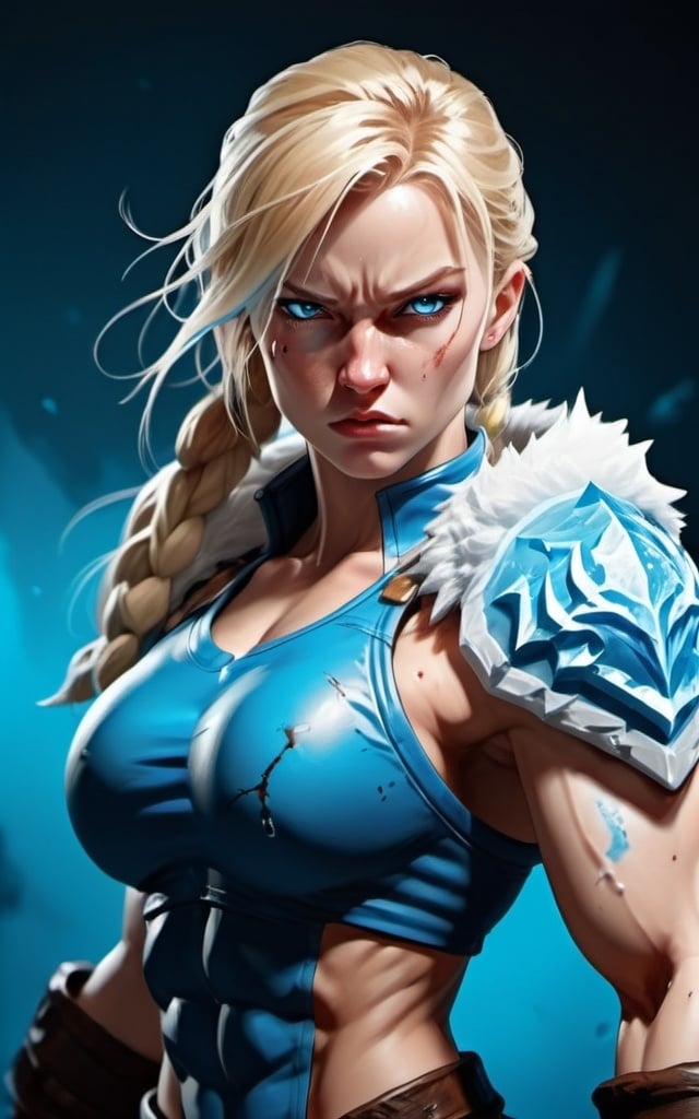 Prompt: Female figure. Greater bicep definition. Sharper, clearer blue eyes. Bleeding. Long Blonde hair flapping. Frostier, glacier effects. Fierce combat stance. Raging Fists. Icy Knuckles. 