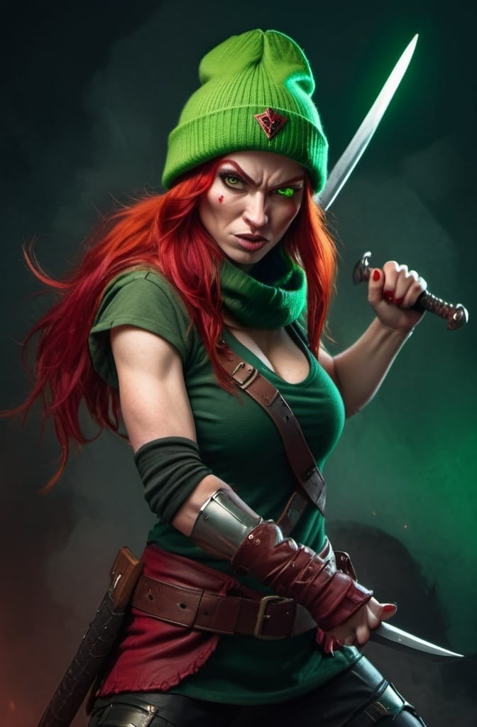 Prompt: Evil red-haired warrior woman, wearing a green beanie and a mischievous smirk. Carmine, red eyes. Fierce combat stance. 