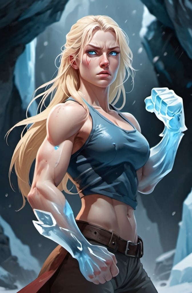 Prompt: Female figure. Greater bicep definition. Sharper, clearer blue eyes. Bleeding. Long Blonde hair flapping. Frostier, glacier effects. Fierce combat stance. Icy Knuckles.