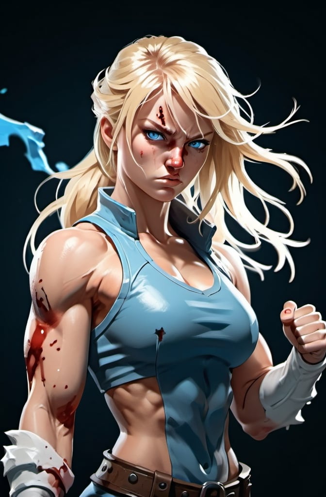 Prompt:  Female figure. Greater bicep definition. Sharper, clearer blue eyes. Blonde hair  flapping. Nose bleed. Frostier, glacier effects. Fierce combat stance. Raging Fists. 