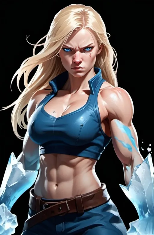 Prompt: Female figure. Greater bicep definition. Sharper, clearer blue eyes. Nosebleed. Long Blonde hair flapping. Frostier, glacier effects. Fierce combat stance. Raging Fists. Icy Knuckles. 