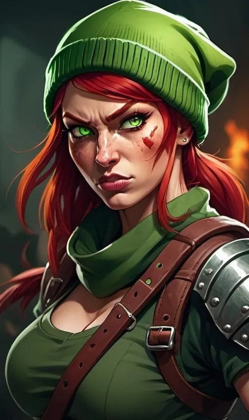 Prompt: Evil red-haired warrior woman, wearing a green beanie and a mischievous smirk. Carmine, red eyes. Fierce combat stance. 