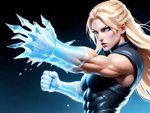 Prompt: Female figure. Greater bicep definition. Sharper, clearer blue eyes. Nosebleed. Long Blonde hair flapping. Frostier, glacier effects. Fierce combat stance. Raging Fists. Icy Knuckles.