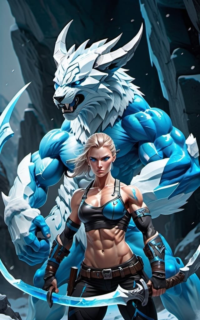 Prompt: Female figure. Greater bicep definition. Sharper, clearer blue eyes.  Frostier, glacier effects. Fierce combat stance. 