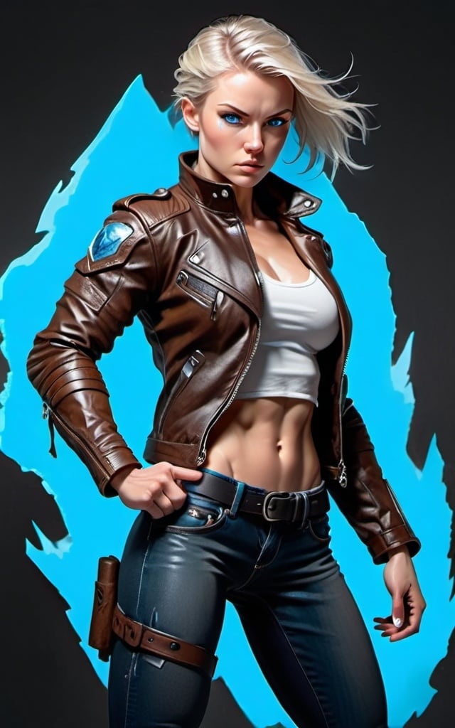 Prompt: Female figure. Greater bicep definition. Sharper, clearer blue eyes.  Frostier, glacier effects. Fierce combat stance. Leather Jacket. 