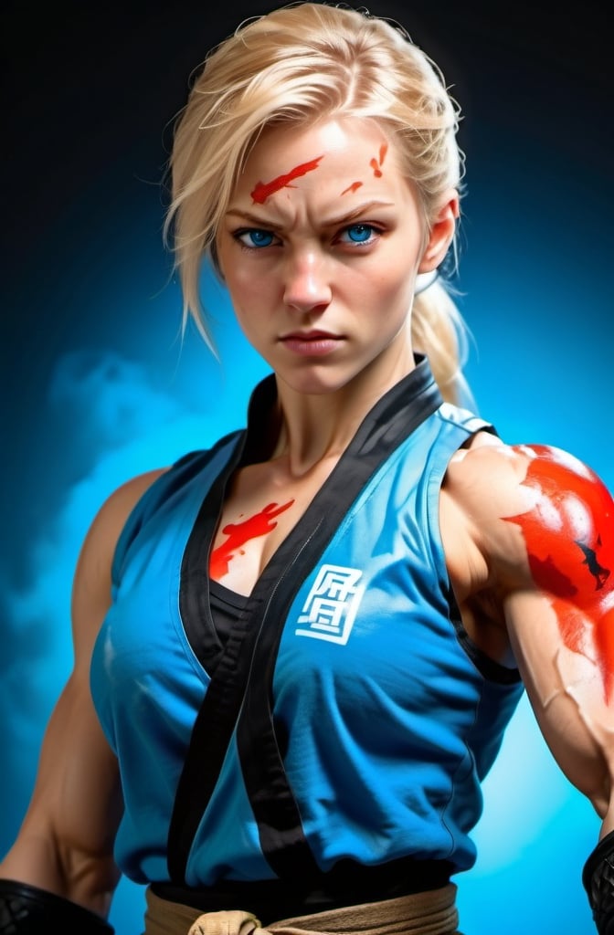 Prompt: Female figure. Greater bicep definition. Sharper, clearer blue eyes. Blonde hair flapping. Frostier, glacier effects. Fierce combat stance. Martial artist. 