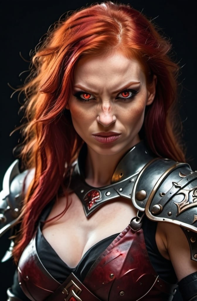 Prompt: Evil red-haired warrior woman with a mischievous smirk. Carmine, red eyes. Fierce combat stance.