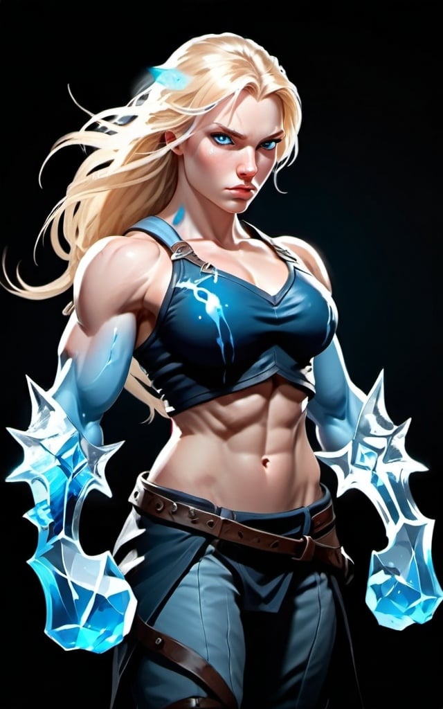 Prompt: Female figure. Greater bicep definition. Sharper, clearer blue eyes. Long Blonde hair flapping. Frostier, glacier effects. Fierce combat stance. Ice Daggers.