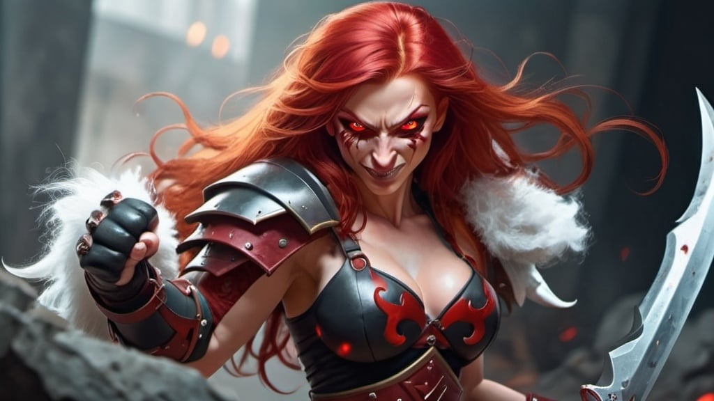 Prompt: Evil red-haired warrior woman with a mischievous grin. Carmine, red eyes. Fierce combat stance.