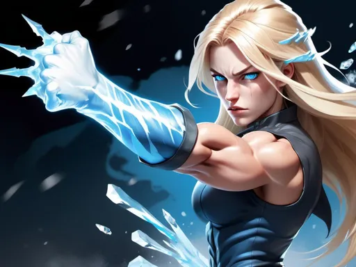 Prompt: Female figure. Greater bicep definition. Sharper, clearer blue eyes. Nosebleed. Long Blonde hair flapping. Frostier, glacier effects. Fierce combat stance. Raging Fists. Icy Knuckles.