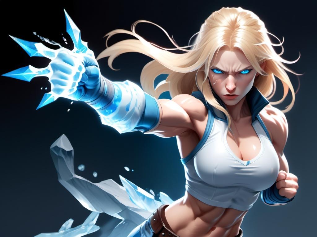 Prompt: Female figure. Greater bicep definition. Sharper, clearer blue eyes. Nosebleed. Long Blonde hair flapping. Frostier, glacier effects. Fierce combat stance. Raging Fists. Icy Knuckles.