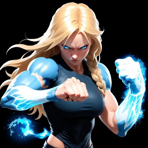 Prompt: Female figure. Greater bicep definition. Sharper, clearer blue eyes. Nosebleed. Long Blonde hair flapping. Frostier, glacier effects. Fierce combat stance. Raging Fists. Icy Knuckles. 