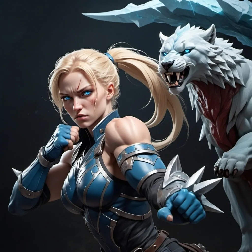 Prompt: Female figure. Greater bicep definition. Sharper, clearer blue eyes. Nosebleed. Long Blonde hair flapping. Frostier, glacier effects. Fierce combat stance. 