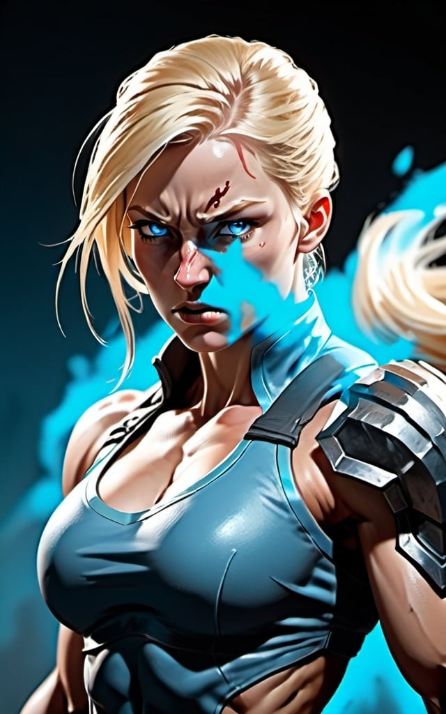 Prompt: Female figure. Greater bicep definition. Sharper, clearer blue eyes. Nosebleed. Long Blonde hair flapping. Frostier, glacier effects. Fierce combat stance. Enraged. 