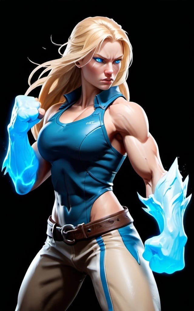 Prompt: Female figure. Greater bicep definition. Sharper, clearer blue eyes. Long Blonde hair flapping. Frostier, glacier effects. Fierce combat stance. Raging Fists.