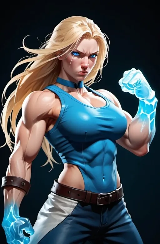 Prompt: Female figure. Greater bicep definition. Sharper, clearer blue eyes. Nosebleed. Long Blonde hair flapping. Frostier, glacier effects. Fierce combat stance. Raging Fists. Icy Knuckles. 