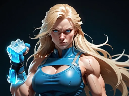 Prompt: Female figure. Greater bicep definition. Sharper, clearer blue eyes. Nosebleed. Long Blonde hair flapping. Frostier, glacier effects. Fierce combat stance. Raging Fists. Icy Knuckles. 