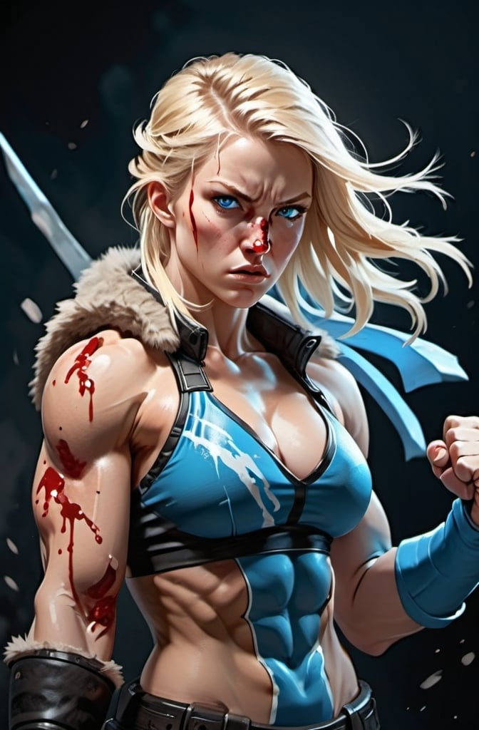 Prompt:  Female figure. Greater bicep definition. Sharper, clearer blue eyes. Blonde hair  flapping. Nose bleed. Frostier, glacier effects. Fierce combat stance. Raging Fists. 