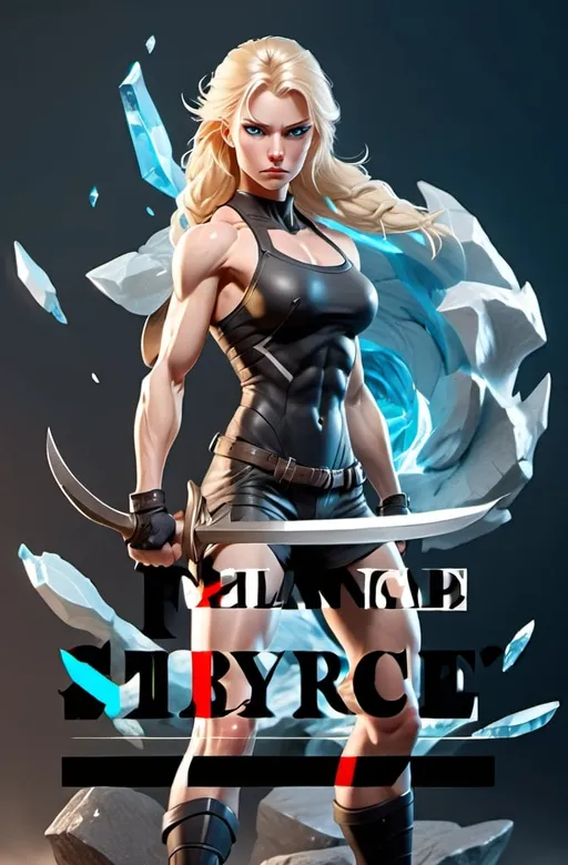 Prompt: Female figure. Greater bicep definition. Sharper, clearer blue eyes. Blonde hair flapping. Frostier, glacier effects. Fierce combat stance.