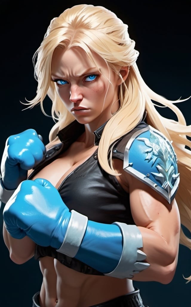 Prompt: Female figure. Greater bicep definition. Sharper, clearer blue eyes. Nosebleed. Long Blonde hair flapping. Frostier, glacier effects. Fierce combat stance. Raging Fists. Icy Knuckles.