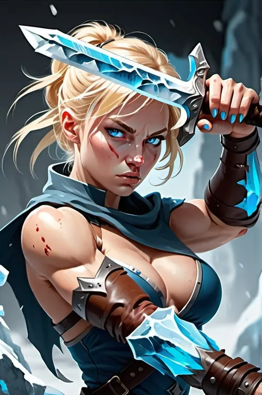 Prompt:  Female figure. Greater bicep definition. Sharper, clearer blue eyes. Blonde hair flapping. Nose bleed. Frostier, glacier effects. Fierce combat stance. Holding ice daggers. 