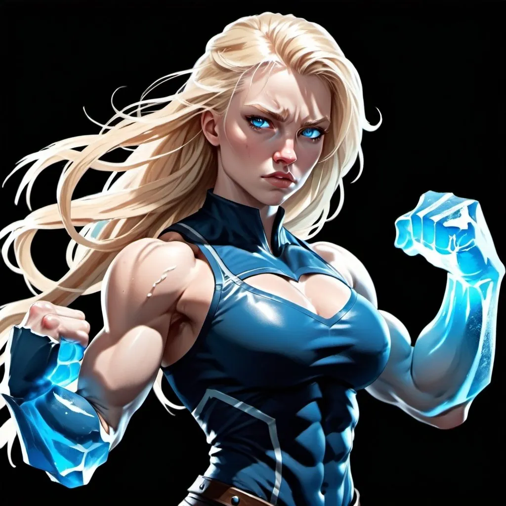 Prompt: Female figure. Greater bicep definition. Sharper, clearer blue eyes. Nosebleed. Long Blonde hair flapping. Frostier, glacier effects. Fierce combat stance. icy Knuckles.