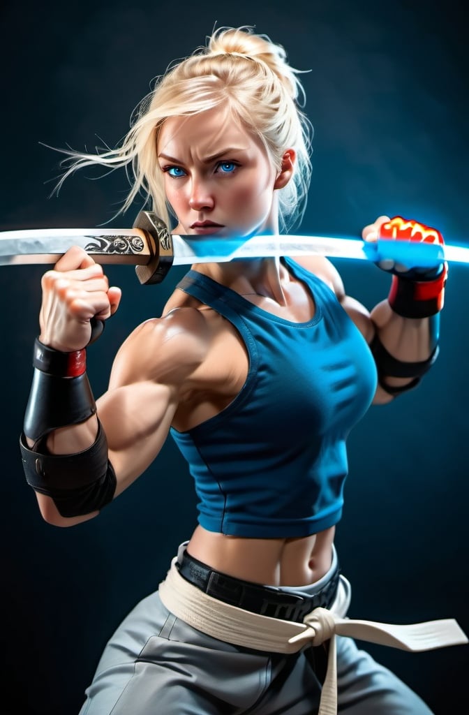 Prompt: Female figure. Greater bicep definition. Sharper, clearer blue eyes. Blonde hair flapping. Frostier, glacier effects. Fierce combat stance. Martial artist. 