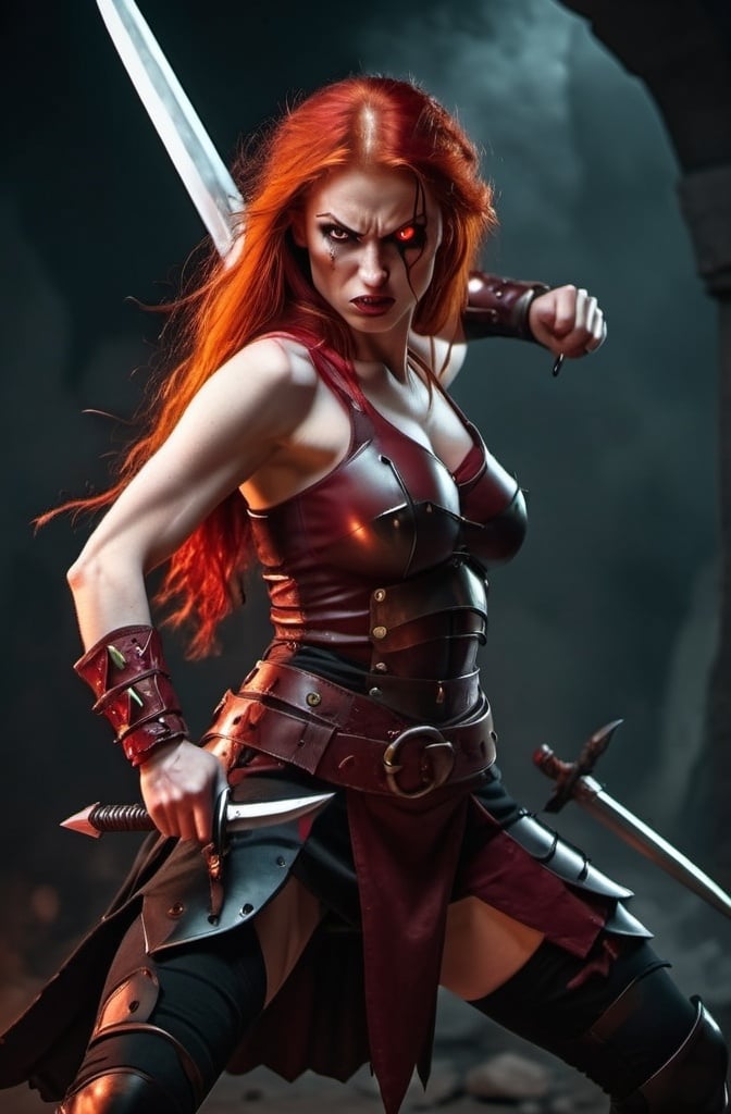 Prompt: Evil red-haired warrior woman with a mischievous expression. Carmine, red eyes. Fierce combat stance.