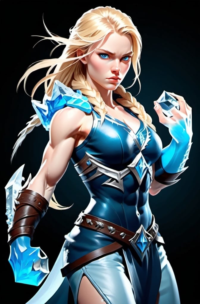 Prompt: Female figure. Greater bicep definition. Sharper, clearer blue eyes. Long Blonde hair flapping. Frostier, glacier effects. Fierce combat stance. Ice Daggers.