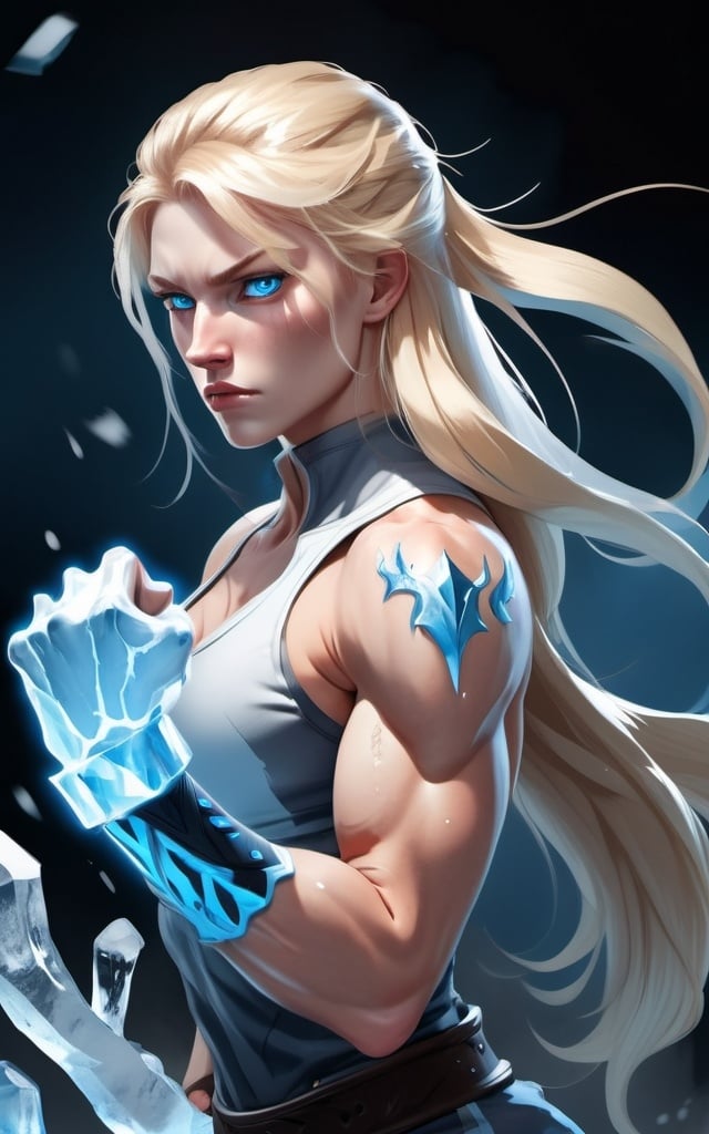 Prompt: Female figure. Greater bicep definition. Sharper, clearer blue eyes. Nosebleed. Long Blonde hair flapping. Frostier, glacier effects. Fierce combat stance. Raging Fists. Icy Knuckles.