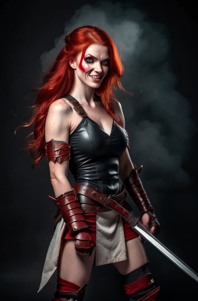 Prompt: Evil red-haired warrior woman with a mischievous grin. Carmine, red eyes. Fierce combat stance.