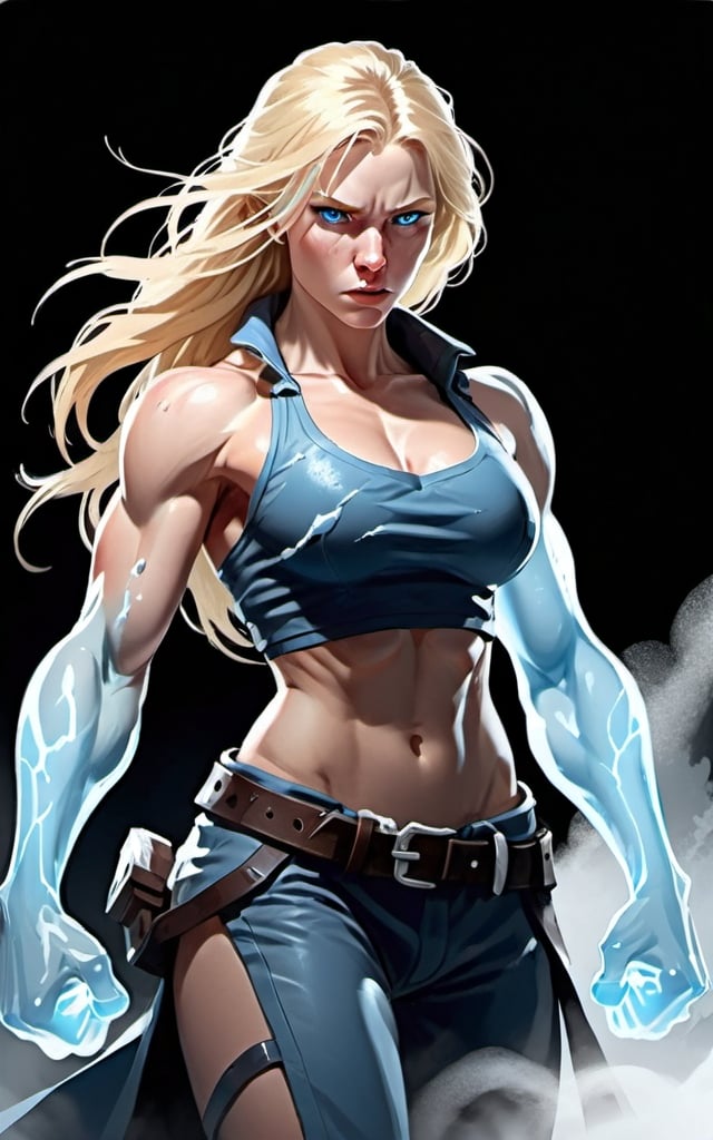 Prompt: Female figure. Greater bicep definition. Sharper, clearer blue eyes. Nosebleed. Long Blonde hair flapping. Frostier, glacier effects. Fierce combat stance. Icy Knuckles. Engulfed in Mist. 