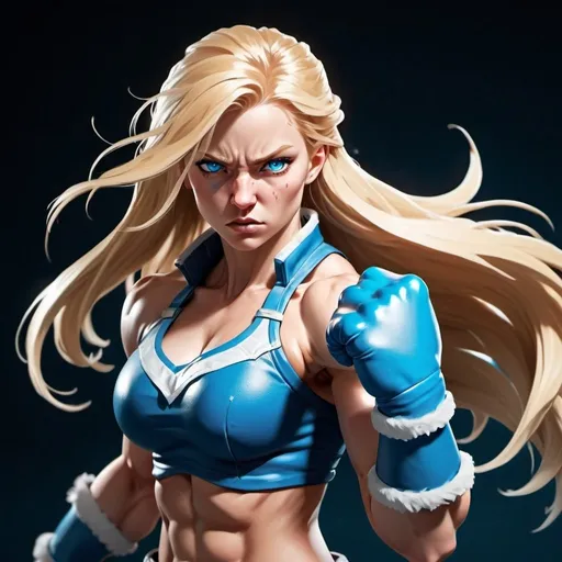 Prompt: Female figure. Greater bicep definition. Sharper, clearer blue eyes. Nosebleed. Long Blonde hair flapping. Frostier, glacier effects. Fierce combat stance. Raging Fists. Icy Knuckles. 