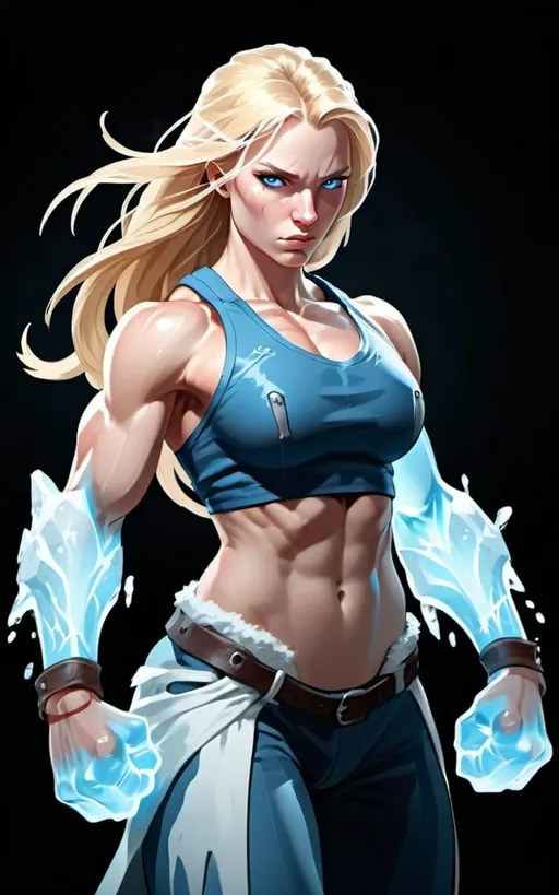 Prompt: Female figure. Greater bicep definition. Sharper, clearer blue eyes. Nosebleed. Long Blonde hair flapping. Frostier, glacier effects. Fierce combat stance. Icy Knuckles. Engulfed in Mist. 
