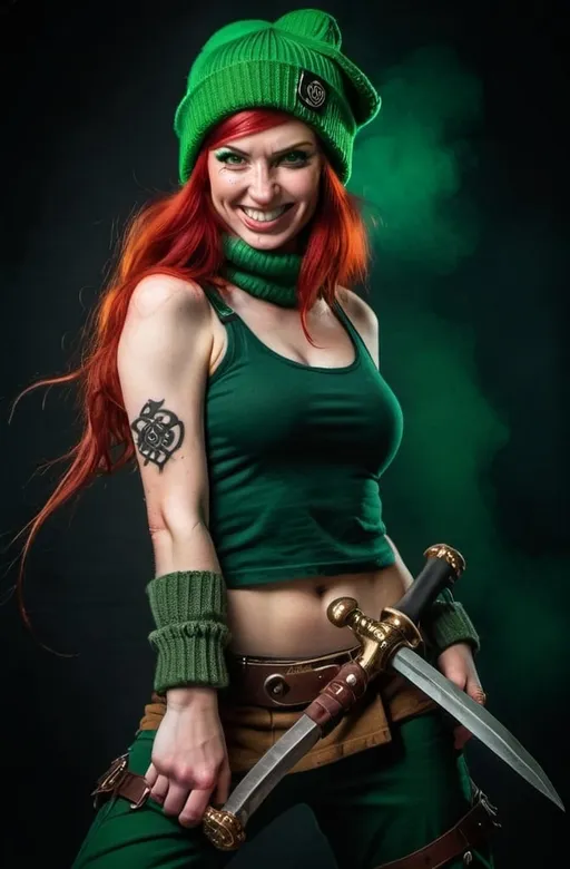 Prompt: Evil red-haired warrior woman, wearing a green beanie and a mischievous smirk. Brass Knuckles. 