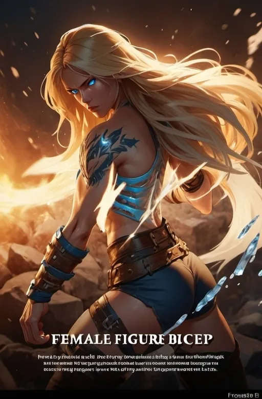 Prompt: Female figure. Greater bicep definition. Sharper, clearer blue eyes. Nosebleed. Long Blonde hair flapping. Frostier, glacier effects. Fierce combat stance. Raging Fists. Icy Knuckles. 