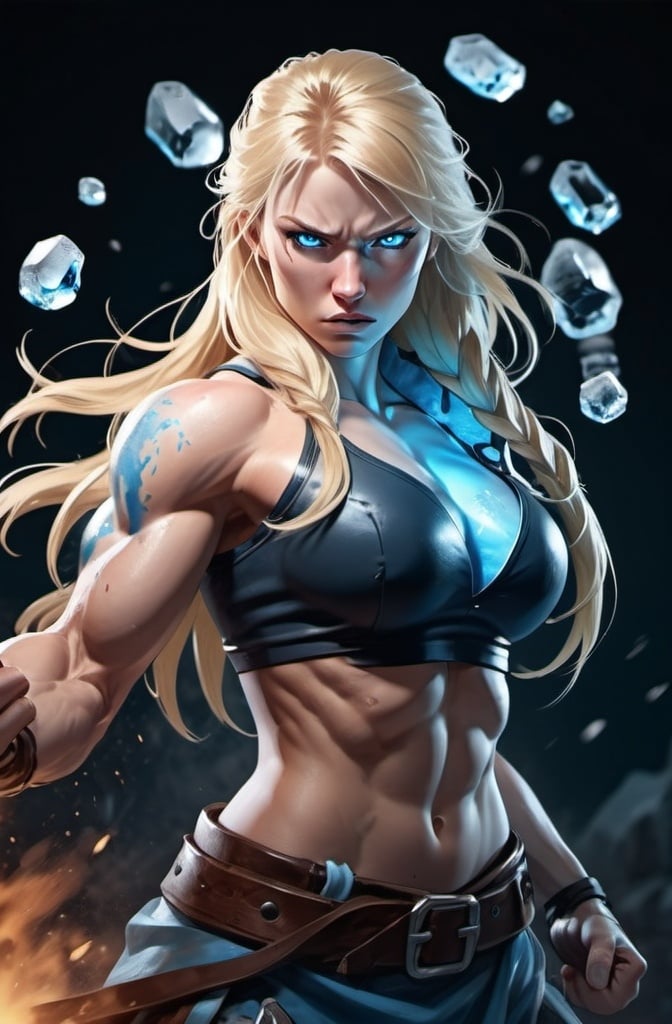 Prompt: Female figure. Greater bicep definition. Sharper, clearer blue eyes. Bleeding. Long Blonde hair flapping. Frostier, glacier effects. Fierce combat stance. Raging Fists. Icy Knuckles.