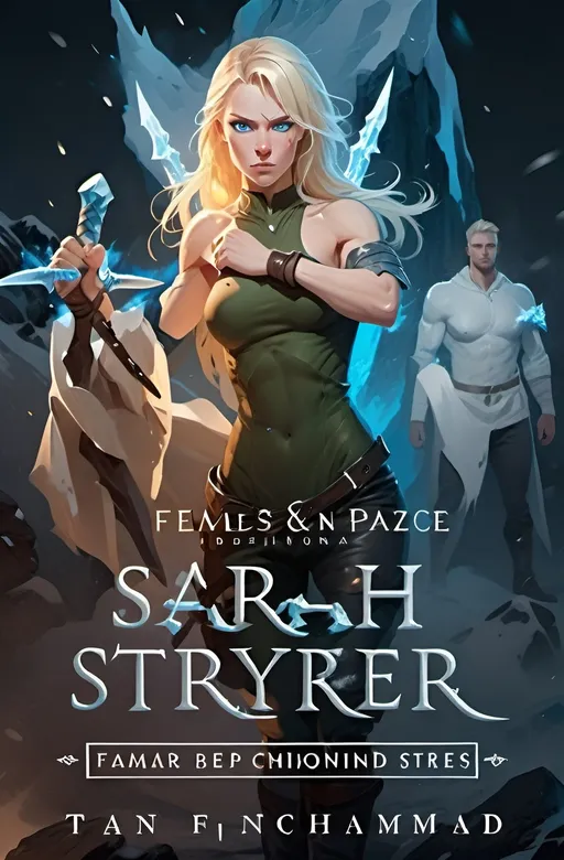 Prompt:  Female figure. Greater bicep definition. Sharper, clearer blue eyes. Blonde hair  flapping. Frostier, glacier effects. Engulfed in White Mist. Fierce combat stance. Holding Ice Daggers.