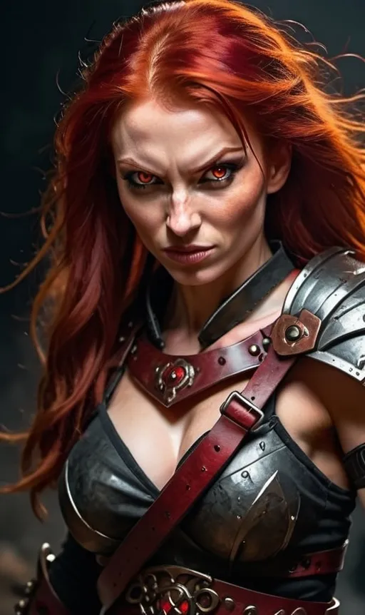 Prompt: Evil red-haired warrior woman with a mischievous grin. Carmine, red eyes. Fierce combat stance.