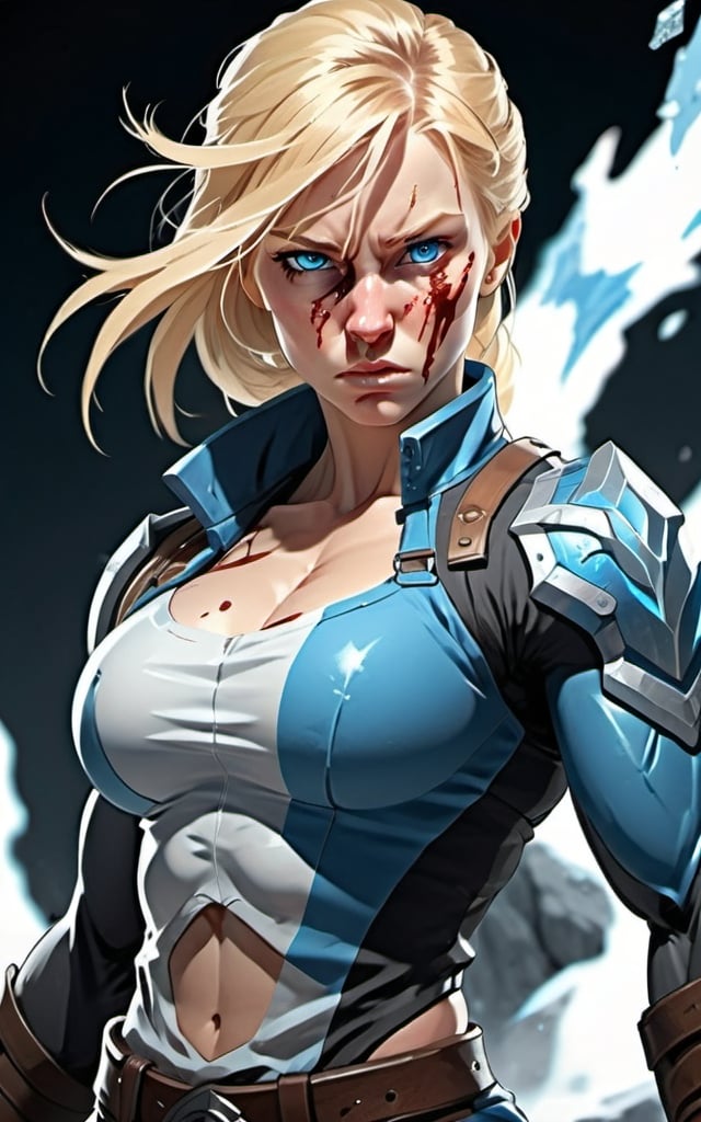 Prompt: Female figure. Greater bicep definition. Sharper, clearer blue eyes. Nosebleed. Long Blonde hair flapping. Frostier, glacier effects. Fierce combat stance. Enraged. 