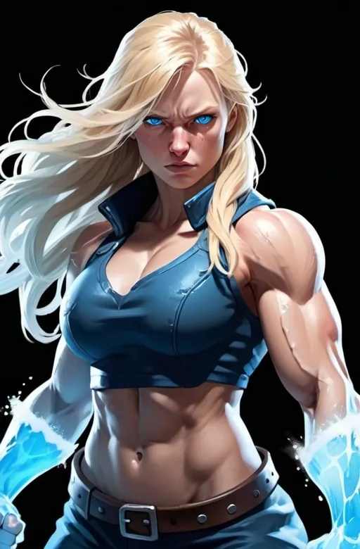 Prompt: Female figure. Greater bicep definition. Sharper, clearer blue eyes. Nosebleed. Long Blonde hair flapping. Frostier, glacier effects. Fierce combat stance. Raging Fists. Icy Knuckles.